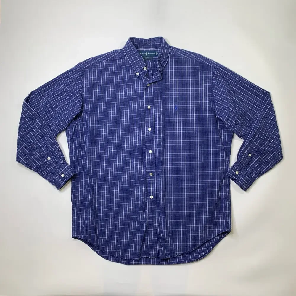 Vintage Ralph Lauren Shirt Men Large Blake Two-Ply Cotton Windowpane Button Down